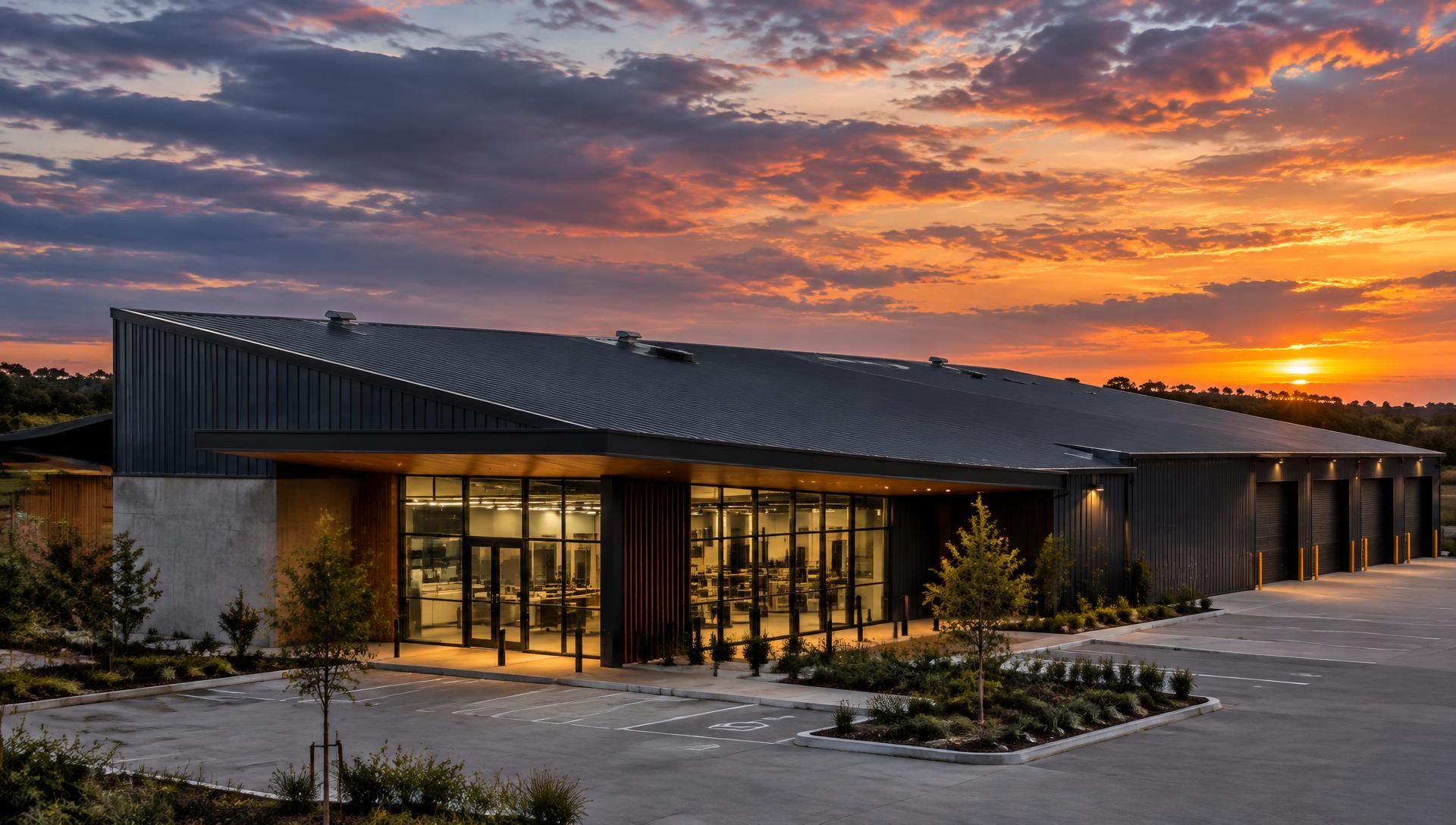 Illustrative commercial building with a wide low-pitch metal roof at dusk